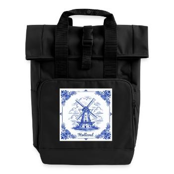 Delft blue windmill tile - Roll Top Backpack with Two Handles - black - Front