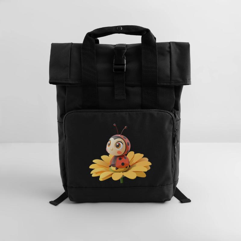 Süßer Marienkäfer auf einer Blume Rolltop Rucksack mit zwei Griffen