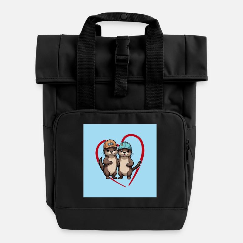 Two otters with baseball caps, buddies and friends - Roll Top Backpack with Two Handles - black