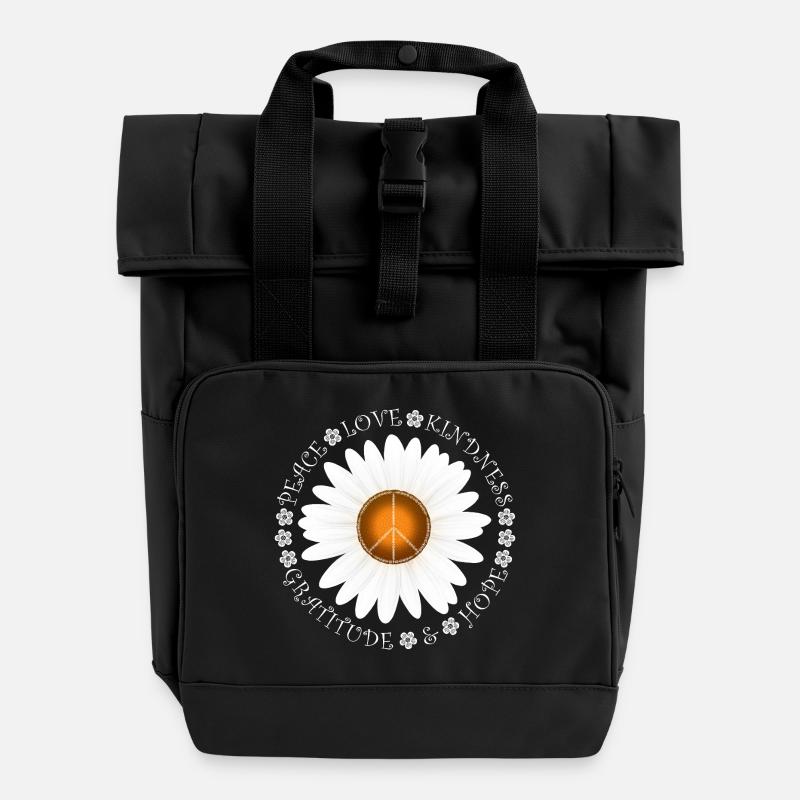 Peace Love KIndness Daisy Design - Sac à dos Roll Top à deux anses - noir