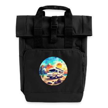 Retro Camping Design – Low Poly Tent & Camper - Roll Top Backpack with Two Handles - black - Front