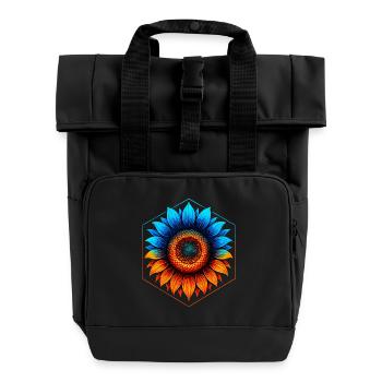 Sunflower blue and gold, vibrant orange - Roll Top Backpack with Two Handles - black - Front
