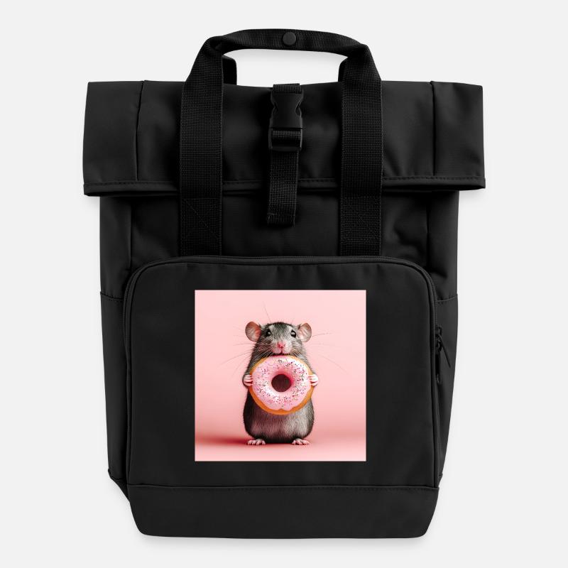Cute mouse with colorful donut - Roll Top Backpack with Two Handles - black