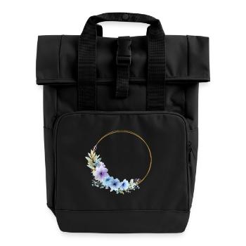 Blue, gold, green, floral wreath, customizable - Roll Top Backpack with Two Handles - black - Front