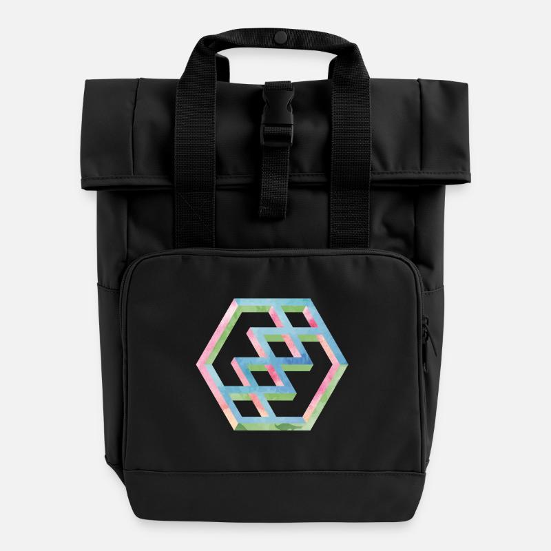 Abstraktes Bunte Hexagonmuster - Rolltop Rucksack mit zwei Griffen - Schwarz