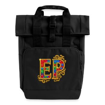 Glitzernder Buchstabe E mit Goldrahmen - Rolltop Rucksack mit zwei Griffen - Schwarz - Vorne