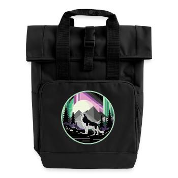 Siberian Husky with Northern Lights - Roll Top Backpack with Two Handles - black - Front