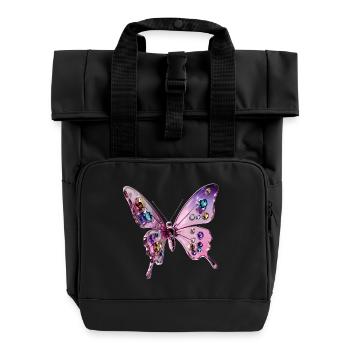 3d Glamour Butterfly - Chrome & Glitter - Roll Top Backpack with Two Handles - black - Front