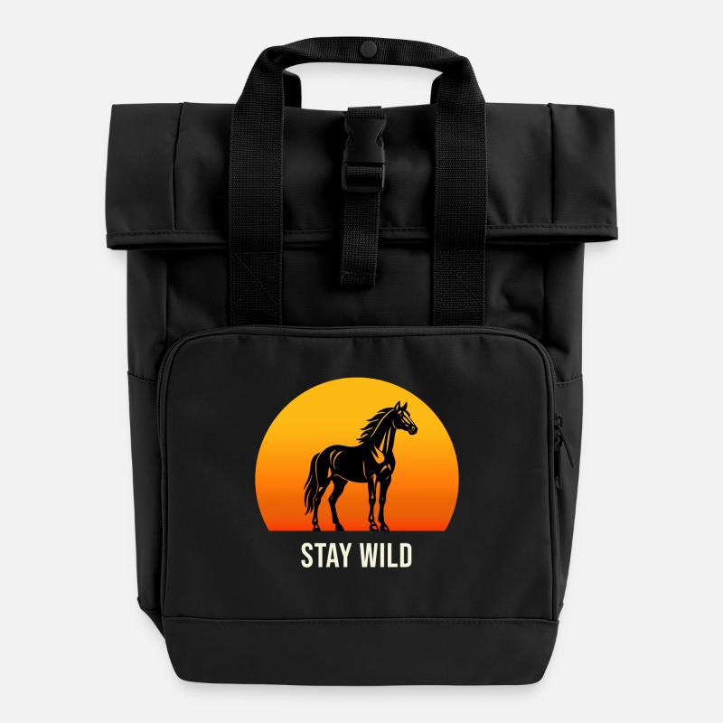 Séjour Cheval Sauvage Coucher de Soleil Silhouette - Sac à dos Roll Top à deux anses - noir
