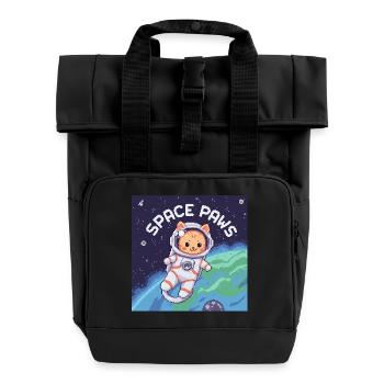 Space Paws – Pixel Cat Astronaut - Roll Top Backpack with Two Handles - black - Front