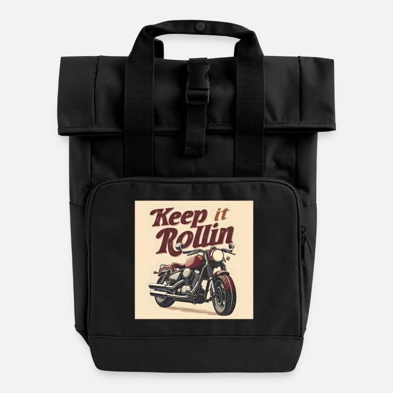 Keep it Rollin' – Minimalist Typography - Roll Top Backpack with Two Handles - black