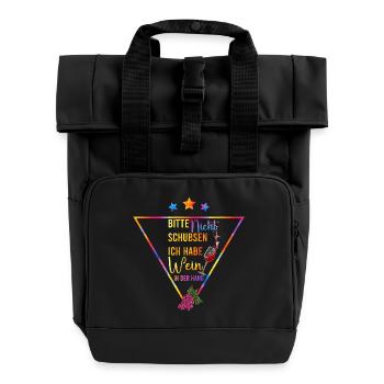 Wein in der Hand bunte Triangel Spruch - Rolltop Rucksack mit zwei Griffen - Schwarz - Vorne