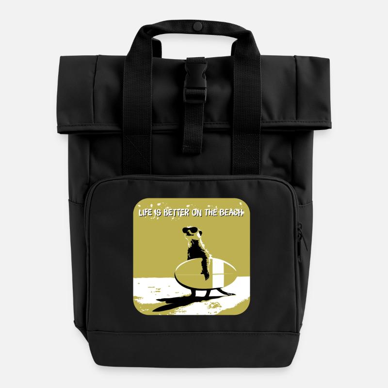 cool meerkat with surfboard - Roll Top Backpack with Two Handles - black