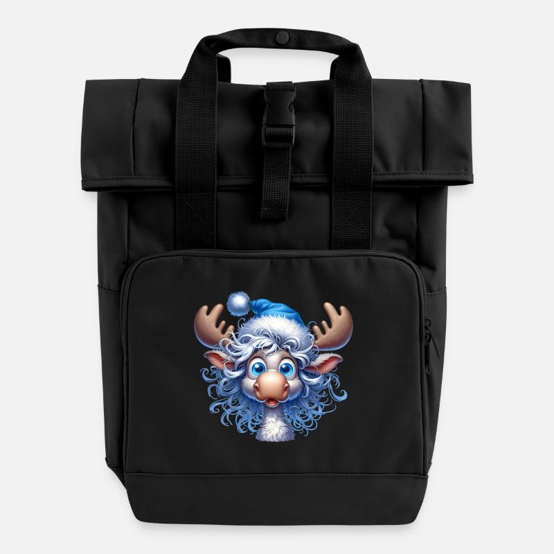 Merry Christmas Moose – Winter Cartoon Motif - Roll Top Backpack with Two Handles - black