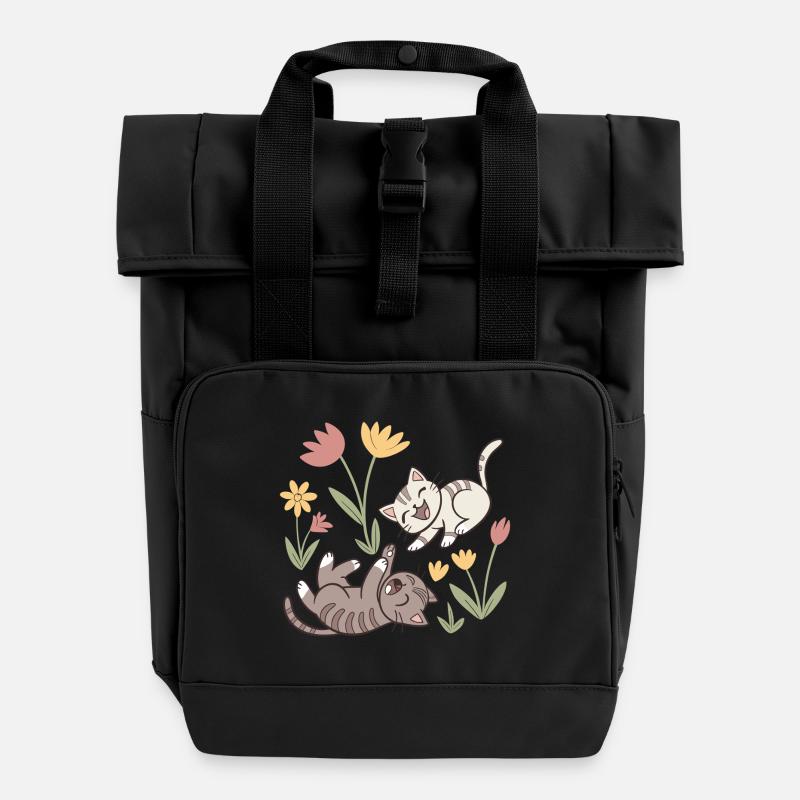 Cats at Play: Spring Flowers - Roll Top Backpack with Two Handles - black
