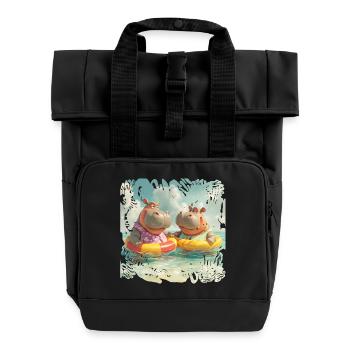 Südsee-Hippos im Schwimmreifen - Rolltop Rucksack mit zwei Griffen - Schwarz - Vorne