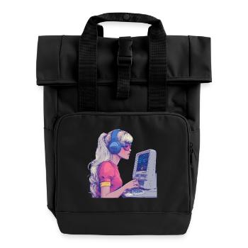 Retro Gamer Girl im Neonstil - Rolltop Rucksack mit zwei Griffen - Schwarz - Vorne