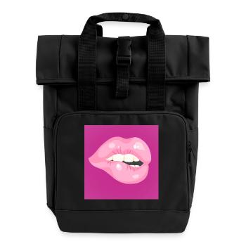 Glossy Pink Lip Bite on Magenta - Roll Top Backpack with Two Handles - black - Front