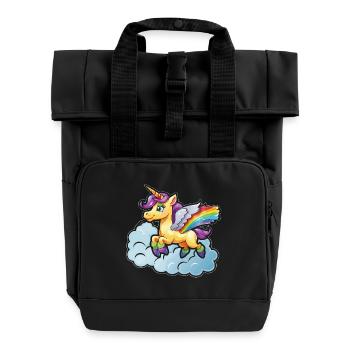 Rainbow Unicorn on Cloud - Roll Top Backpack with Two Handles - black - Front