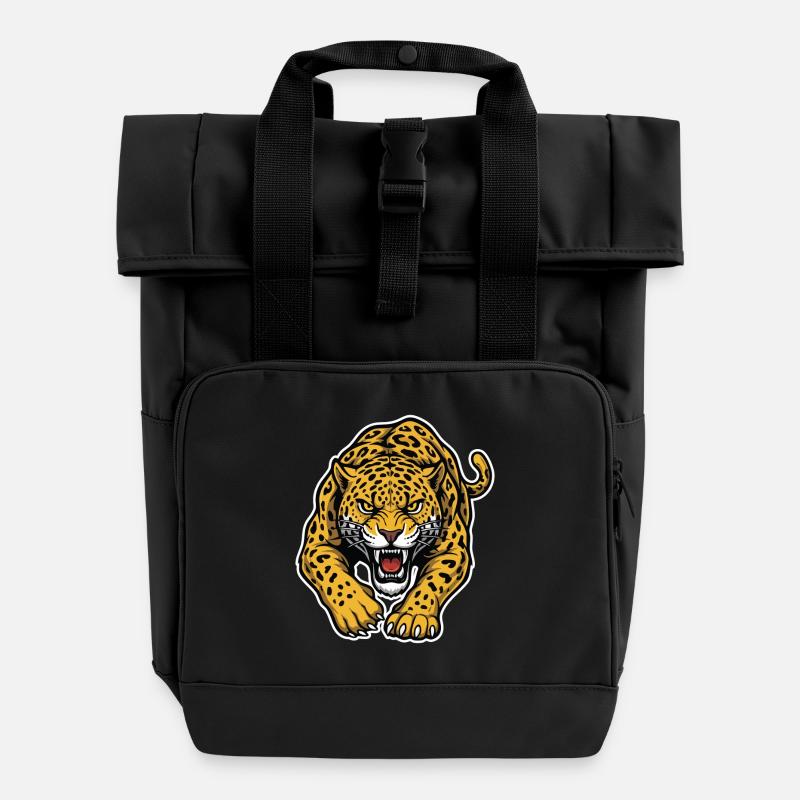 Leopard-Jaguar Wild Attack Maskottchen-Raubtier - Rolltop Rucksack mit zwei Griffen - Schwarz