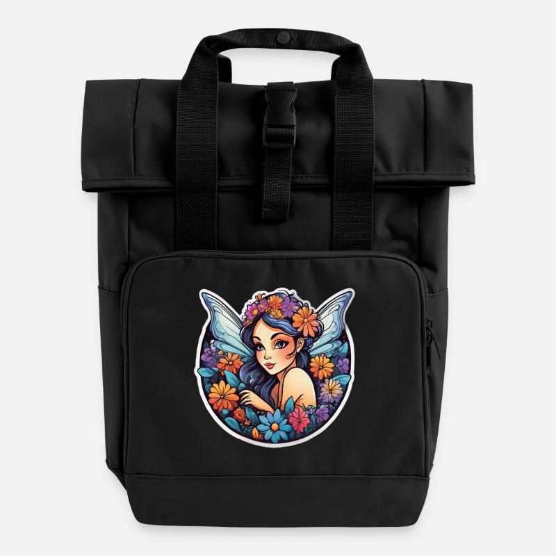 Winged Floral Fairyland - Roll Top Backpack with Two Handles - black