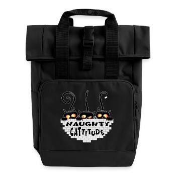 "Naughty Cattitude" Funny three Cute Black Cats  - Roll Top Backpack with Two Handles - black - Front