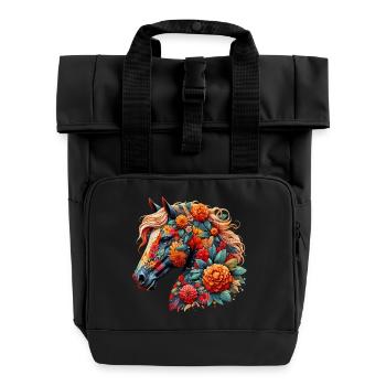 Horse decorated with flowers - Roll Top Backpack with Two Handles - black - Front