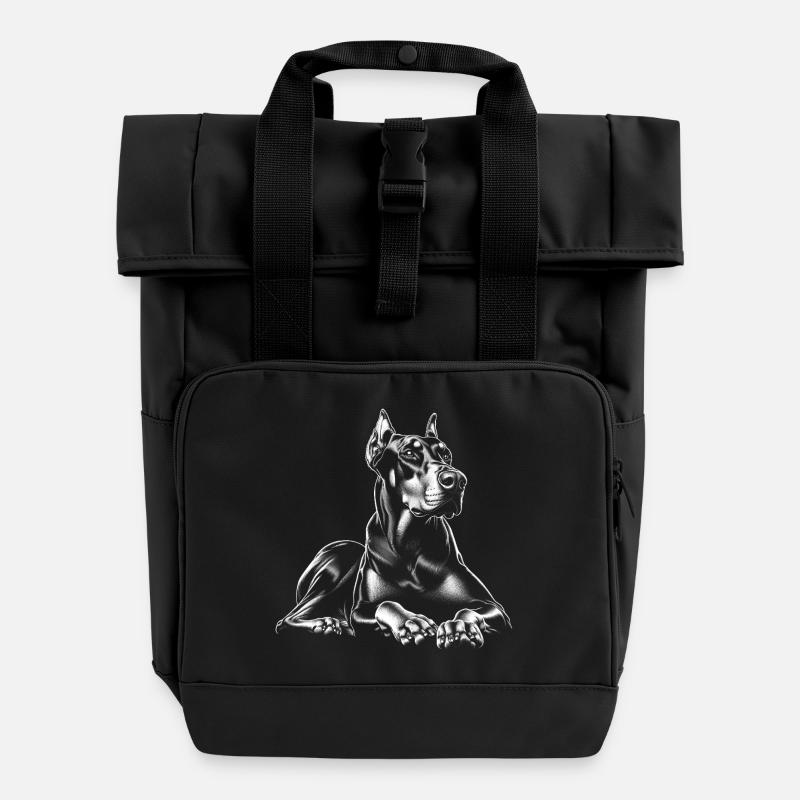 Cooler Dobermann in liegender Pose in Schwarz-Weiß - Rolltop Rucksack mit zwei Griffen - Schwarz