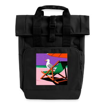 Colorful beach chair and seagull - Roll Top Backpack with Two Handles - black - Front