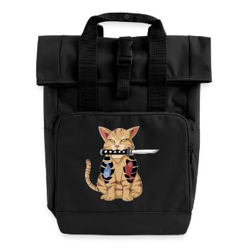 Katana-Katze Japanischer Samurai lustiges Kätzchengeschenk - Rolltop Rucksack mit zwei Griffen - Schwarz - Vorne