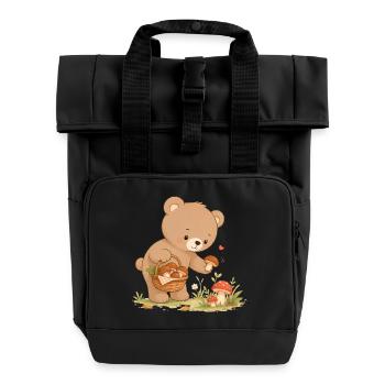 Cute bear picking mushrooms in the forest - Roll Top Backpack with Two Handles - black - Front