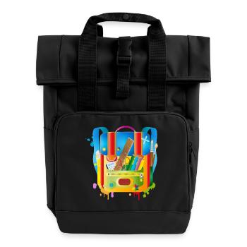 colorful school ranches with school accessories - Roll Top Backpack with Two Handles - black - Front