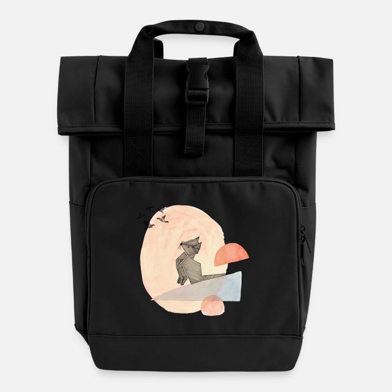 Illustration de l’origami du chat et des oiseaux - Sac à dos Roll Top à deux anses - noir