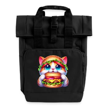 Drôle Chat Burger Hat Fantaisiste Mignon Restauration rapide - Sac à dos Roll Top à deux anses - noir - Devant