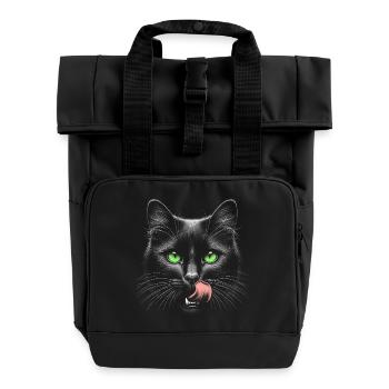 Cat with green eyes and tongue sticking out - Roll Top Backpack with Two Handles - black - Front