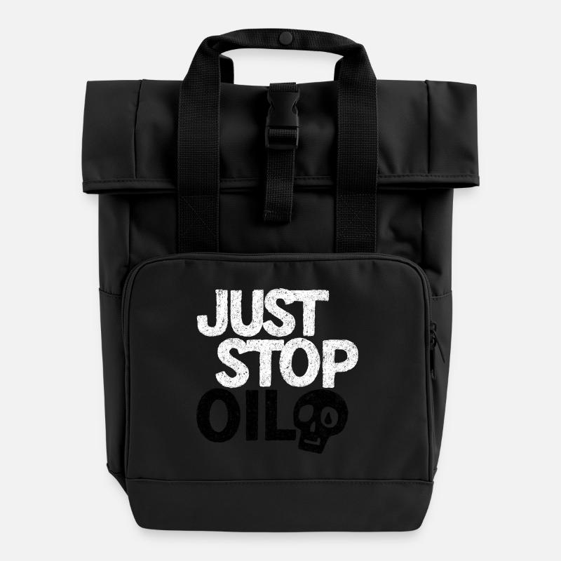 Auffällige „Just Stop“-Protestgrafik - Rolltop Rucksack mit zwei Griffen - Schwarz