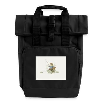 Charming Frog Fisherman Illustration - Roll Top Backpack with Two Handles - black - Front