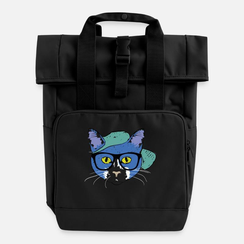 Blaue Katze mit Cap - Rolltop Rucksack mit zwei Griffen - Schwarz