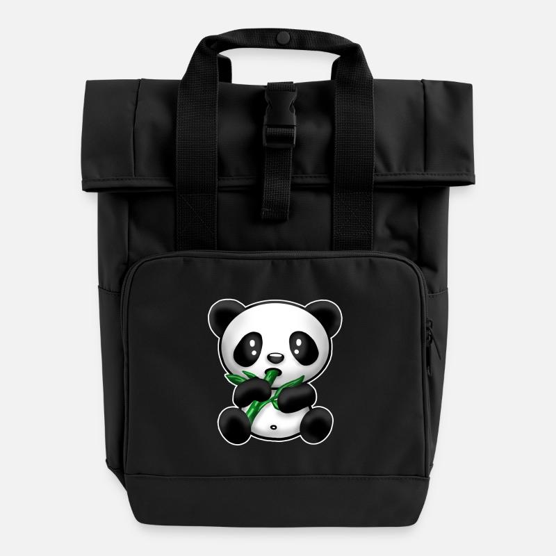 Panda with bamboo - Roll Top Backpack with Two Handles - black
