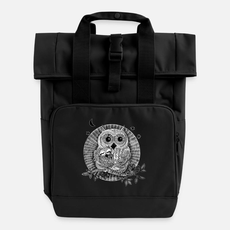 Owls illustration black and white - Roll Top Backpack with Two Handles - black