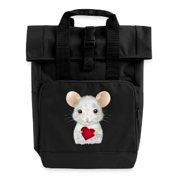 cute white mouse with heart for valentine's day - Roll Top Backpack with Two Handles - black - Front