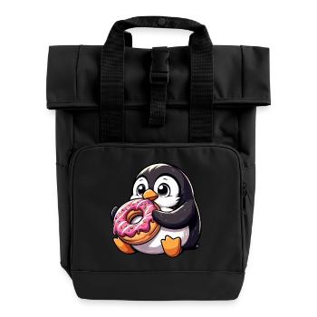Cute penguin nibbles on donut comic - Roll Top Backpack with Two Handles - black - Front