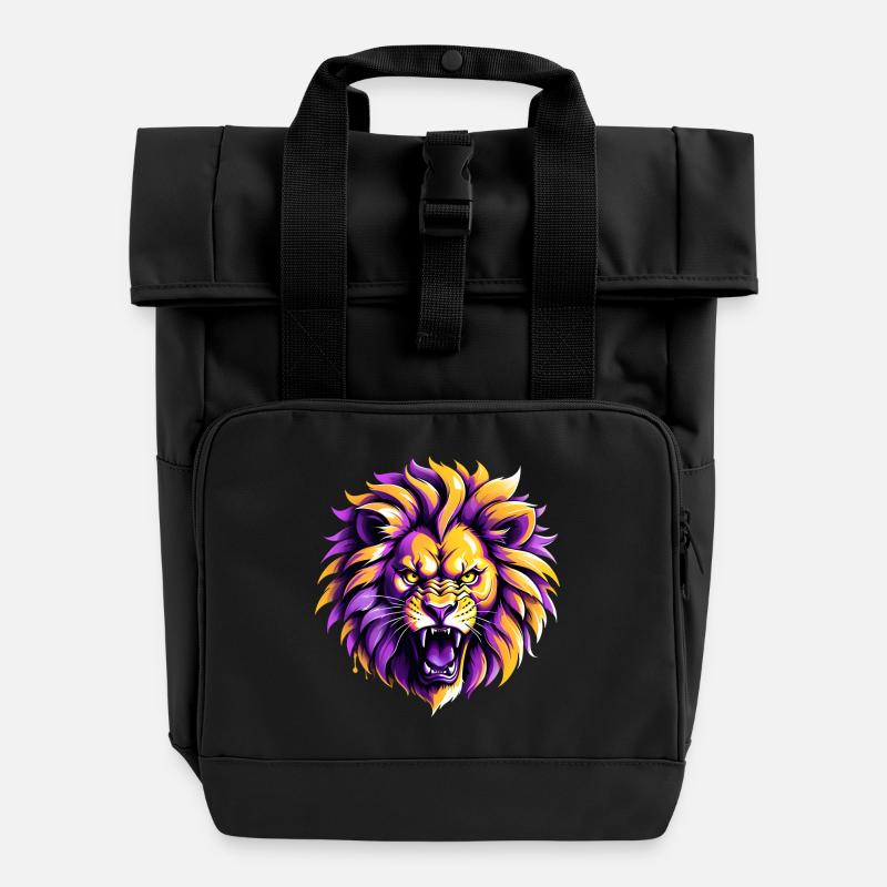 Yellow and purple lion Los Angeles - Roll Top Backpack with Two Handles - black