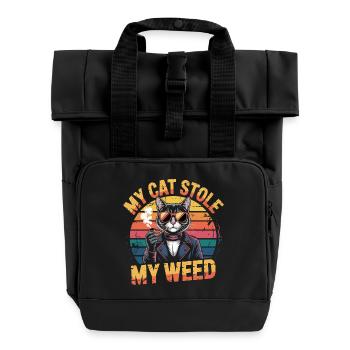 Retro Cat Stoner Illustration - Roll Top Backpack with Two Handles - black - Front
