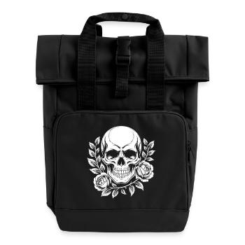 Monochromer Totenkopf mit Rosenzweig - Rolltop Rucksack mit zwei Griffen - Schwarz - Vorne
