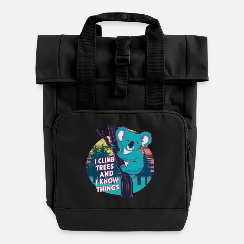 I Climb Trees and Know Things - Neon Koala - Roll Top Backpack with Two Handles - black