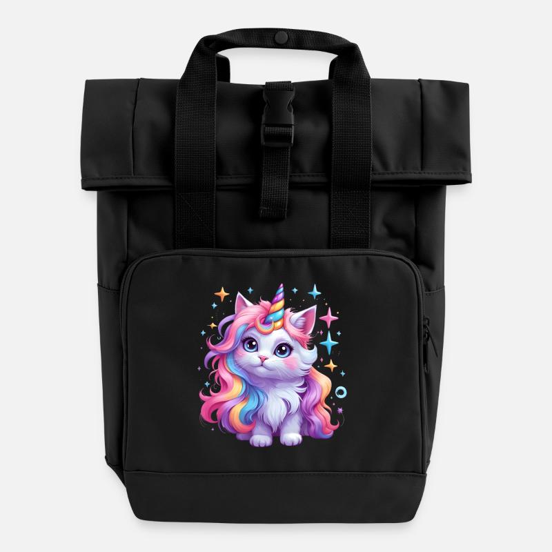 Einhorn Katze - Rolltop Rucksack mit zwei Griffen - Schwarz