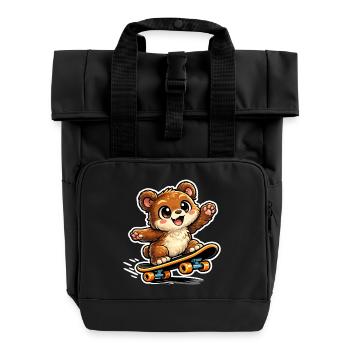 Cuddly Bear Skateboard Adventure - Roll Top Backpack with Two Handles - black - Front