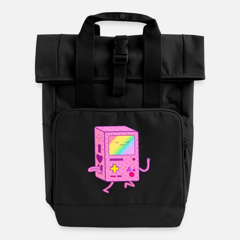 Dancing Pink Gaming Robot - Roll Top Backpack with Two Handles - black