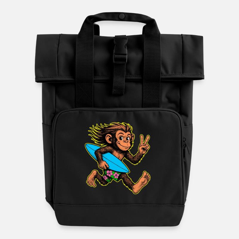 Surfing Monkey Surf Vibes - Roll Top Backpack with Two Handles - black
